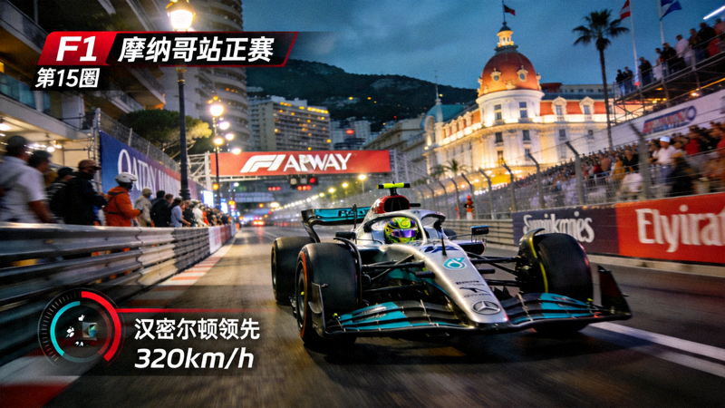 F1大奖赛摩纳哥站赛车比赛直播画面，赛车在街道飞驰